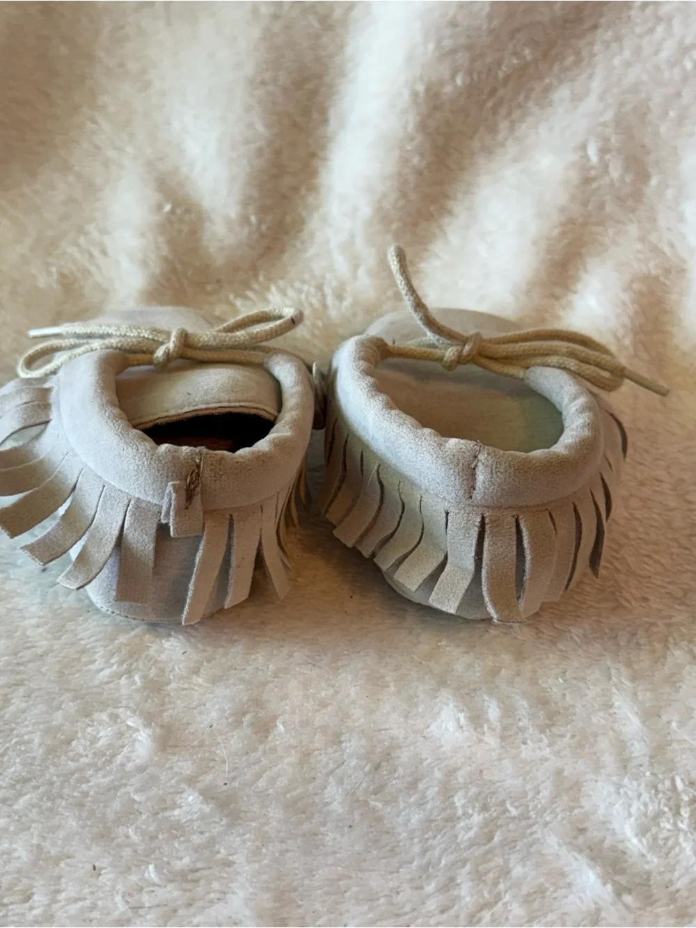 Soft Cream Moccasin Baby Shoes with Fringe Tie